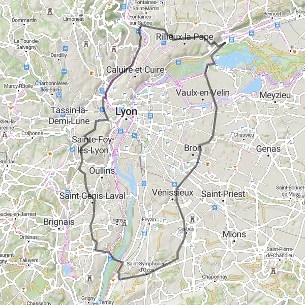 Zemljevid v pomanjšavi "Razgibano cestno kolesarjenje od Vernaison do Saint-Symphorien-d'Ozon" kolesarske inspiracije v Rhône-Alpes, France. Generirano z načrtovalcem kolesarskih poti Tarmacs.app