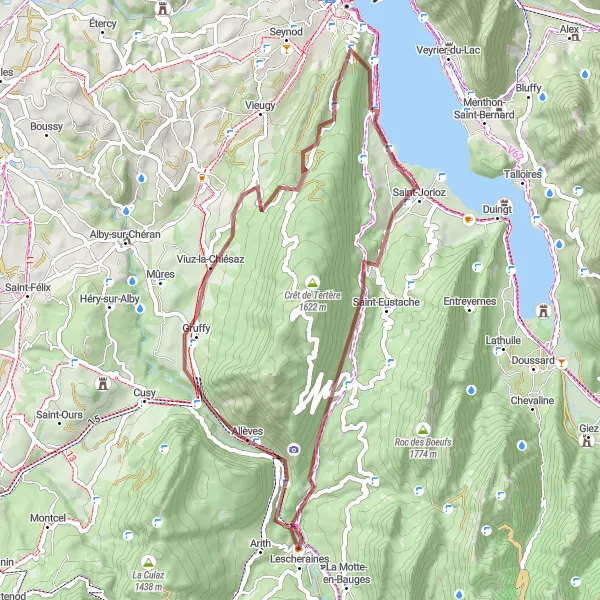 Miniatua del mapa de inspiración ciclista "Explora los paisajes de Gravel en Leschaux y Gruffy" en Rhône-Alpes, France. Generado por Tarmacs.app planificador de rutas ciclistas