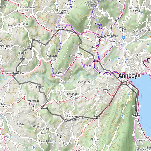 Miniatura della mappa di ispirazione al ciclismo "Giro panoramico verso Annecy" nella regione di Rhône-Alpes, France. Generata da Tarmacs.app, pianificatore di rotte ciclistiche