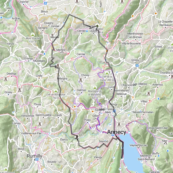 Map miniature of "Through Charming Villages" cycling inspiration in Rhône-Alpes, France. Generated by Tarmacs.app cycling route planner