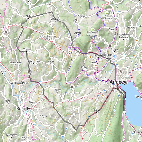 Karten-Miniaturansicht der Radinspiration "Sevrier - La Balme-de-Sillingy - Annecy Rundweg" in Rhône-Alpes, France. Erstellt vom Tarmacs.app-Routenplaner für Radtouren