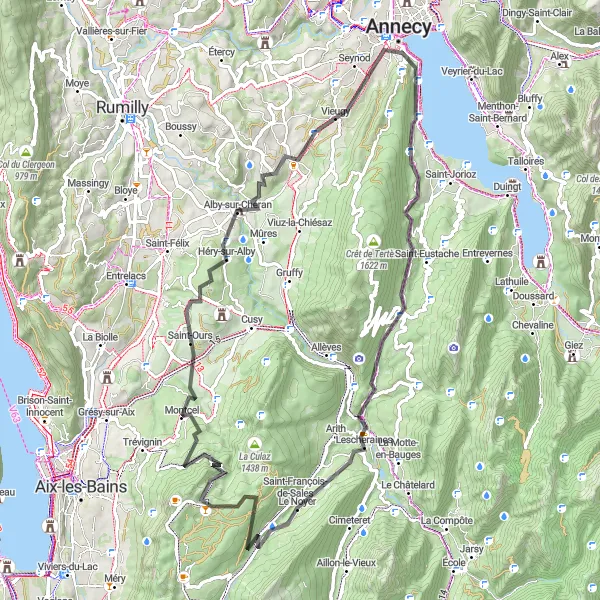 Map miniature of "Col de Leschaux and Serene Countryside" cycling inspiration in Rhône-Alpes, France. Generated by Tarmacs.app cycling route planner