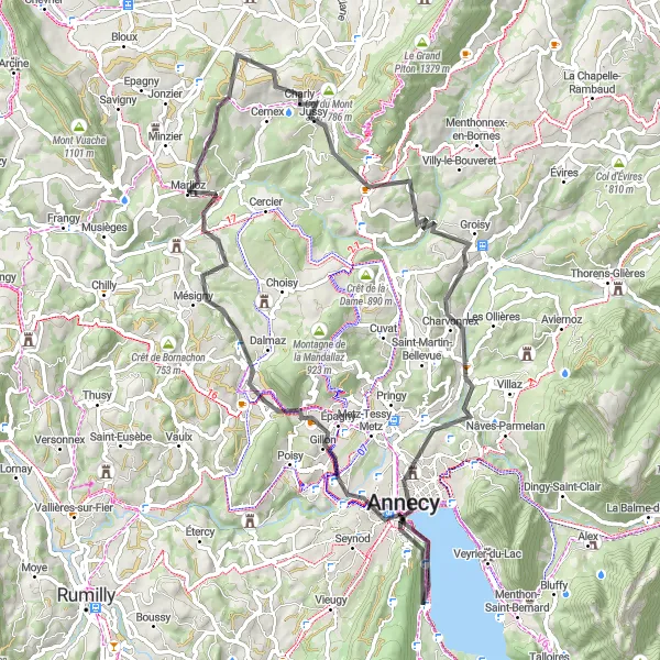 Kartminiatyr av "Rundtur til Col du Mont Sion" sykkelinspirasjon i Rhône-Alpes, France. Generert av Tarmacs.app sykkelrutoplanlegger