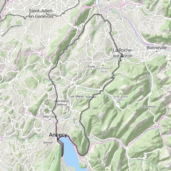 Map miniature of "Lake Annecy and Beyond" cycling inspiration in Rhône-Alpes, France. Generated by Tarmacs.app cycling route planner