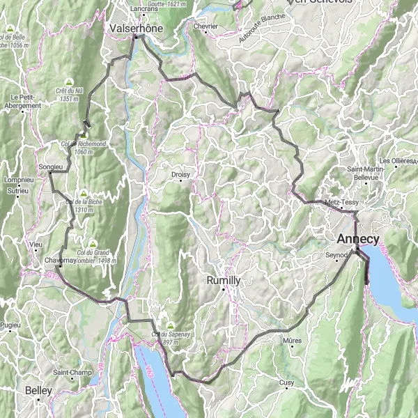 Karttaminiaatyyri "Haastava kierros ympäri Sevrielin rannikon" pyöräilyinspiraatiosta alueella Rhône-Alpes, France. Luotu Tarmacs.app pyöräilyreittisuunnittelijalla