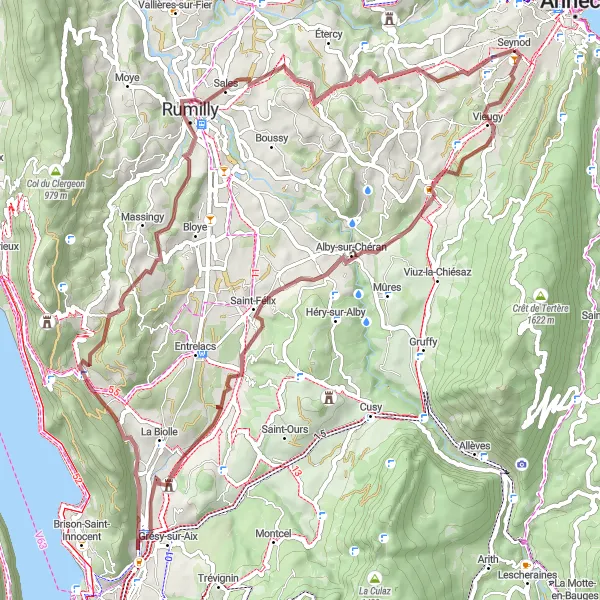 Mapa miniatúra "Gravel cyklotúra okolo Seynodu" cyklistická inšpirácia v Rhône-Alpes, France. Vygenerované cyklistickým plánovačom trás Tarmacs.app