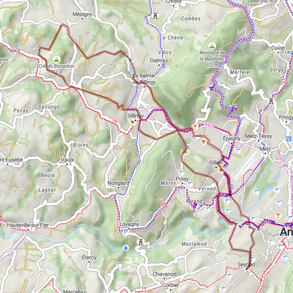 Miniatuurkaart van de fietsinspiratie "Gravelroute naar Poisy en Mésigny" in Rhône-Alpes, France. Gemaakt door de Tarmacs.app fietsrouteplanner