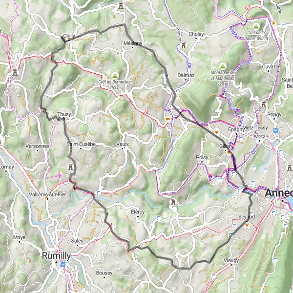 Miniatua del mapa de inspiración ciclista "Ruta de los Pueblos y Campos" en Rhône-Alpes, France. Generado por Tarmacs.app planificador de rutas ciclistas