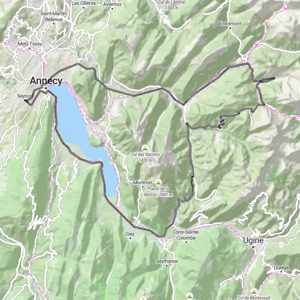 Miniatura della mappa di ispirazione al ciclismo "Giro in bicicletta attraverso le montagne" nella regione di Rhône-Alpes, France. Generata da Tarmacs.app, pianificatore di rotte ciclistiche