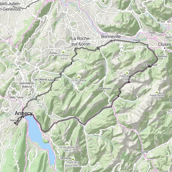 Zemljevid v pomanjšavi "Kolesarska tura okoli Seynoda" kolesarske inspiracije v Rhône-Alpes, France. Generirano z načrtovalcem kolesarskih poti Tarmacs.app