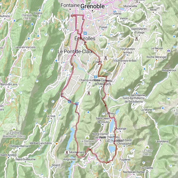 Zemljevid v pomanjšavi "Gravel avantura po francoskih Alpah" kolesarske inspiracije v Rhône-Alpes, France. Generirano z načrtovalcem kolesarskih poti Tarmacs.app