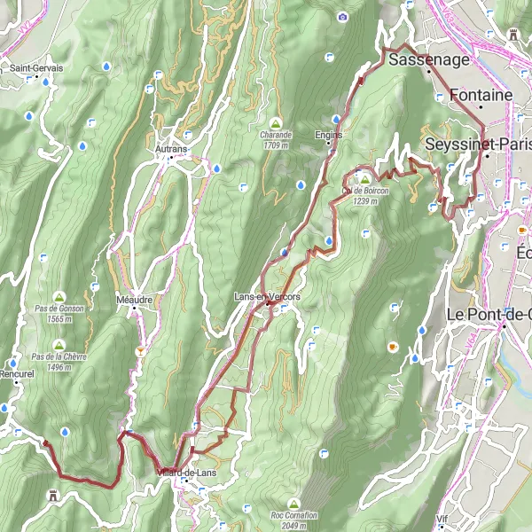 Miniaturní mapa "Gravelová trasa kolem Lans-en-Vercors" inspirace pro cyklisty v oblasti Rhône-Alpes, France. Vytvořeno pomocí plánovače tras Tarmacs.app