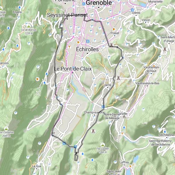 Miniatura della mappa di ispirazione al ciclismo "Giro su strada verso Eybens" nella regione di Rhône-Alpes, France. Generata da Tarmacs.app, pianificatore di rotte ciclistiche