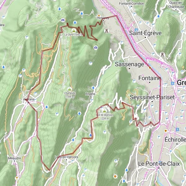 Map miniature of "Seyssins-Fontaine Gravel Route" cycling inspiration in Rhône-Alpes, France. Generated by Tarmacs.app cycling route planner