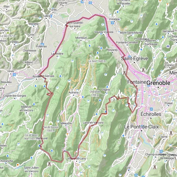 Map miniature of "Seyssins-Fontaine Extended Gravel Route" cycling inspiration in Rhône-Alpes, France. Generated by Tarmacs.app cycling route planner