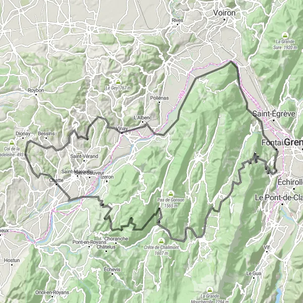 Map miniature of "Seyssins Grand Road Route" cycling inspiration in Rhône-Alpes, France. Generated by Tarmacs.app cycling route planner