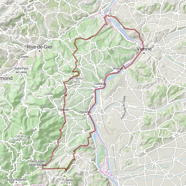 Miniatua del mapa de inspiración ciclista "Ruta de aventura por caminos de grava" en Rhône-Alpes, France. Generado por Tarmacs.app planificador de rutas ciclistas