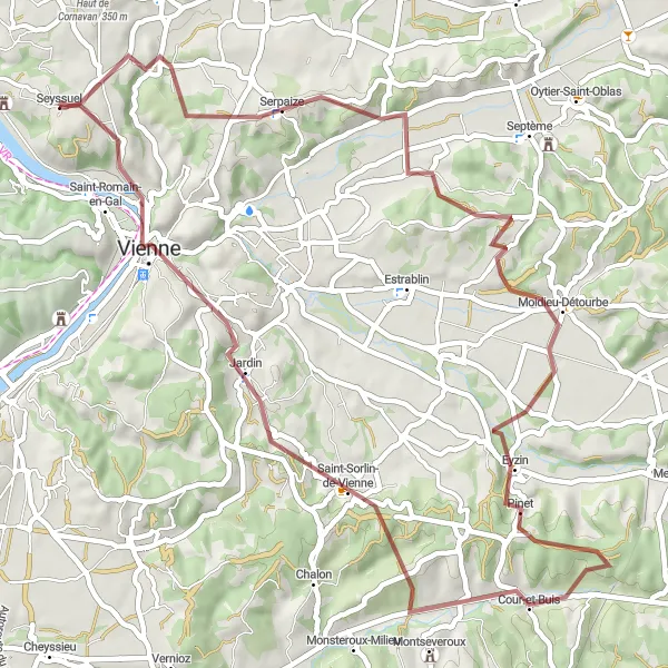 Miniaturekort af cykelinspirationen "Grusvej Cykelrute fra Seyssuel" i Rhône-Alpes, France. Genereret af Tarmacs.app cykelruteplanlægger