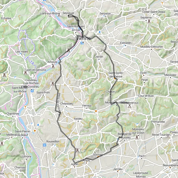 Miniature de la carte de l'inspiration cycliste "Route panoramique en Rhône-Alpes" dans la Rhône-Alpes, France. Générée par le planificateur d'itinéraire cycliste Tarmacs.app