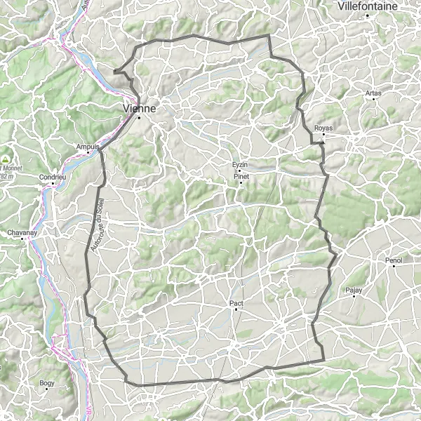 Miniatura mapy "Trasa rowerowa przez Chuzelles, Beauvoir-de-Marc, Villeneuve-de-Marc, Marcollin, Moras-en-Valloire, Salaise-sur-Sanne, Vienne i Belvédère de Pipet" - trasy rowerowej w Rhône-Alpes, France. Wygenerowane przez planer tras rowerowych Tarmacs.app