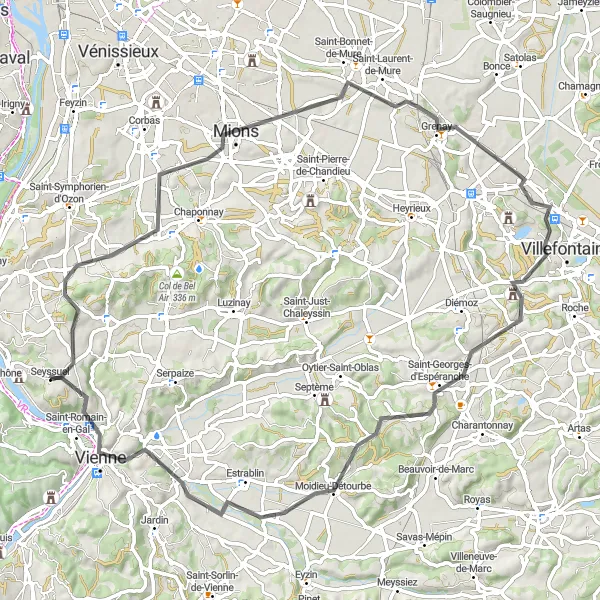 Kartminiatyr av "Landevei sykkeltur til Vienne" sykkelinspirasjon i Rhône-Alpes, France. Generert av Tarmacs.app sykkelrutoplanlegger