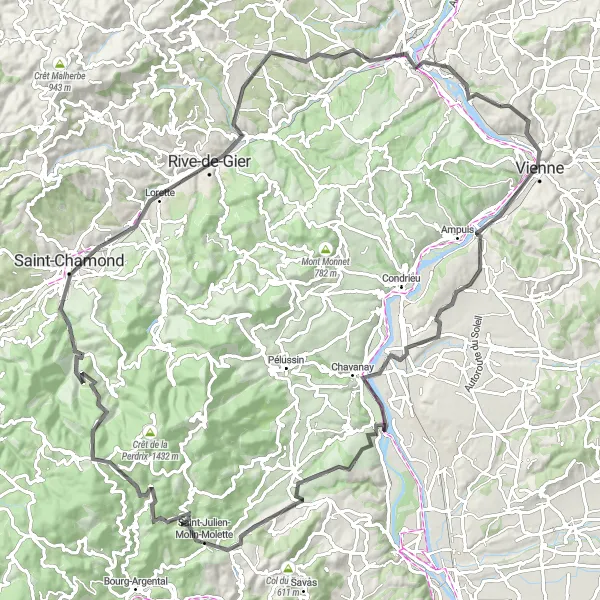 Miniatua del mapa de inspiración ciclista "Ruta panorámica por el Valle del Ródano" en Rhône-Alpes, France. Generado por Tarmacs.app planificador de rutas ciclistas