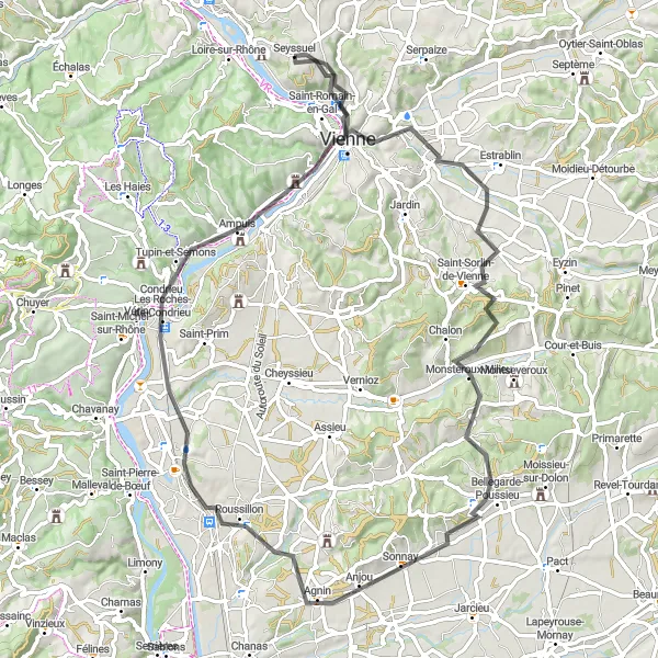 Karttaminiaatyyri "Rhône Valley Adventure" pyöräilyinspiraatiosta alueella Rhône-Alpes, France. Luotu Tarmacs.app pyöräilyreittisuunnittelijalla