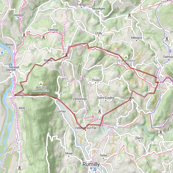 Kartminiatyr av "Grusig cykelväg via Vaulx och Crêt de Charmont" cykelinspiration i Rhône-Alpes, France. Genererad av Tarmacs.app cykelruttplanerare