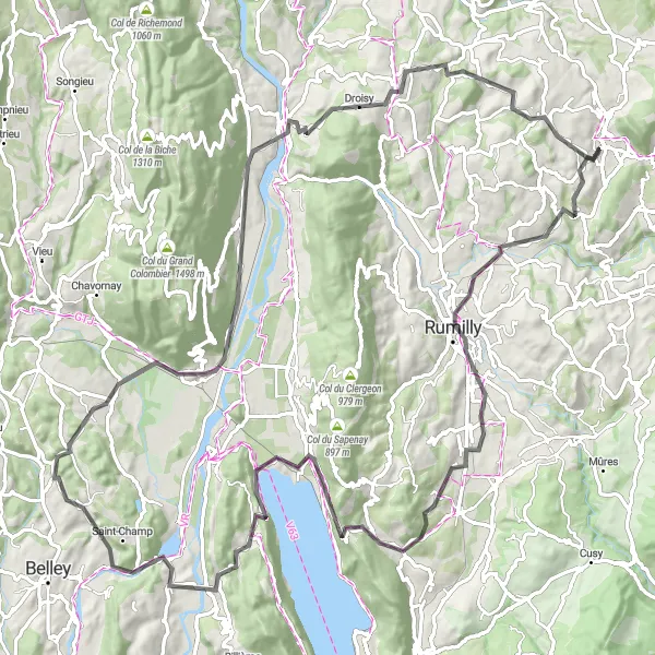 Mapa miniatúra "Okruh cez Rumilly a Chindrieux" cyklistická inšpirácia v Rhône-Alpes, France. Vygenerované cyklistickým plánovačom trás Tarmacs.app