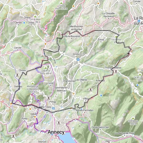 Karttaminiaatyyri "La Balme-de-Sillingy - Col d’Évires Adventure" pyöräilyinspiraatiosta alueella Rhône-Alpes, France. Luotu Tarmacs.app pyöräilyreittisuunnittelijalla