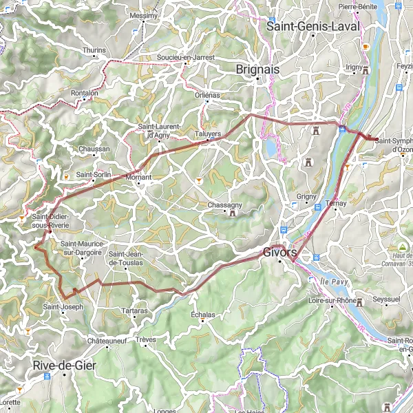 Miniatura della mappa di ispirazione al ciclismo "Avventura nelle Colline di Givors" nella regione di Rhône-Alpes, France. Generata da Tarmacs.app, pianificatore di rotte ciclistiche