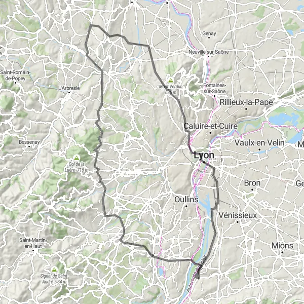 Mapa miniatúra "Okruh cez kopcami na cestách" cyklistická inšpirácia v Rhône-Alpes, France. Vygenerované cyklistickým plánovačom trás Tarmacs.app