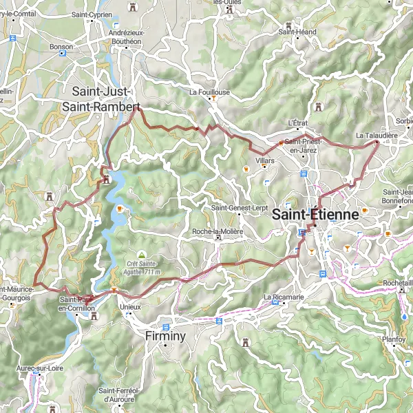 Miniatura della mappa di ispirazione al ciclismo "Tour in bicicletta tra Sorbiers e Saint-Priest-en-Jarez" nella regione di Rhône-Alpes, France. Generata da Tarmacs.app, pianificatore di rotte ciclistiche