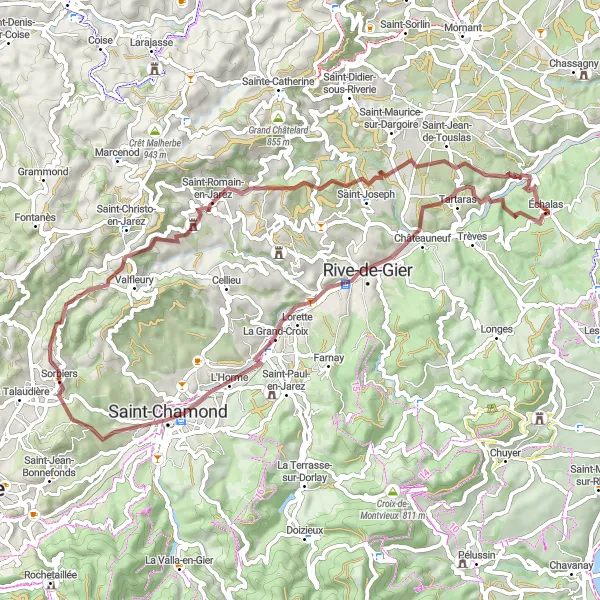 Zemljevid v pomanjšavi "Razgiban kolesarski izziv v okolici Sorbiersa" kolesarske inspiracije v Rhône-Alpes, France. Generirano z načrtovalcem kolesarskih poti Tarmacs.app
