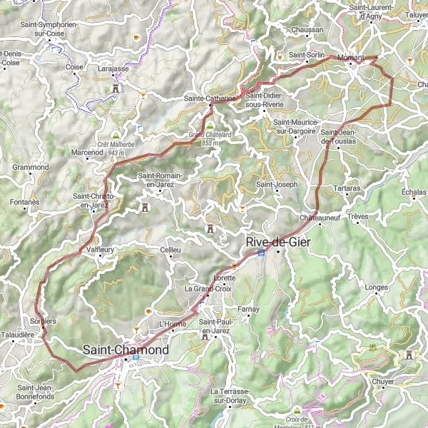 Miniaturní mapa "Gravelová cyklistická trasa z Sorbiers" inspirace pro cyklisty v oblasti Rhône-Alpes, France. Vytvořeno pomocí plánovače tras Tarmacs.app
