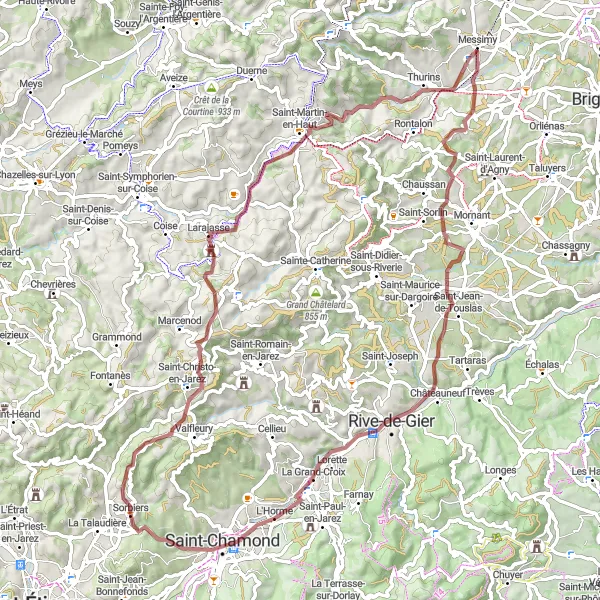 Miniatua del mapa de inspiración ciclista "Ruta de ciclismo de grava desde Sorbiers" en Rhône-Alpes, France. Generado por Tarmacs.app planificador de rutas ciclistas