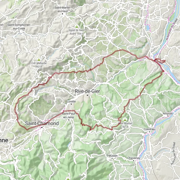Miniaturní mapa "Gravel cyklotrasa Saint-Chamond - Saint-Chamond" inspirace pro cyklisty v oblasti Rhône-Alpes, France. Vytvořeno pomocí plánovače tras Tarmacs.app