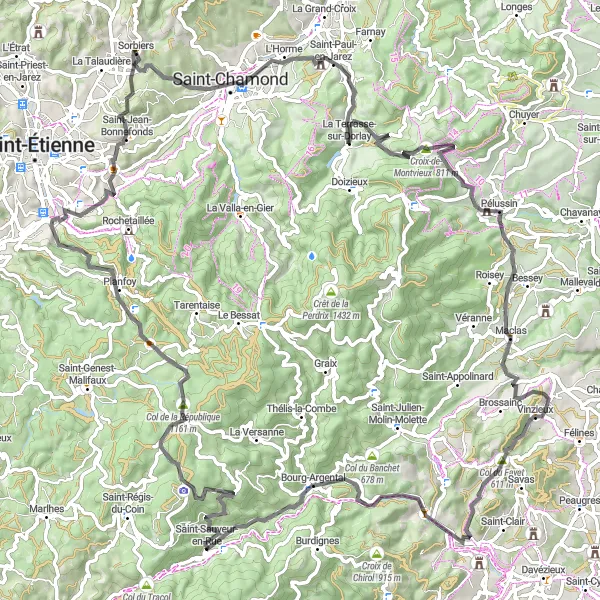 Karttaminiaatyyri "Seikkailu maantiepyöräilyn maailmassa" pyöräilyinspiraatiosta alueella Rhône-Alpes, France. Luotu Tarmacs.app pyöräilyreittisuunnittelijalla