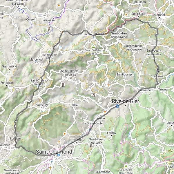 Miniatua del mapa de inspiración ciclista "Ruta de 62 km en carretera con 934 m de ascenso" en Rhône-Alpes, France. Generado por Tarmacs.app planificador de rutas ciclistas
