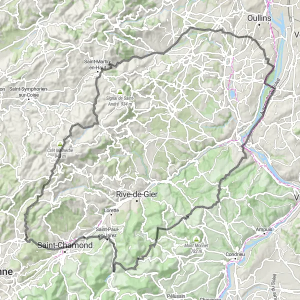 Miniaturní mapa "Výlet ze Sorbiers přes Vernaison a Givors" inspirace pro cyklisty v oblasti Rhône-Alpes, France. Vytvořeno pomocí plánovače tras Tarmacs.app