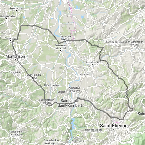 Miniatura della mappa di ispirazione al ciclismo "Tour delle Valli del Forez e del Lione" nella regione di Rhône-Alpes, France. Generata da Tarmacs.app, pianificatore di rotte ciclistiche