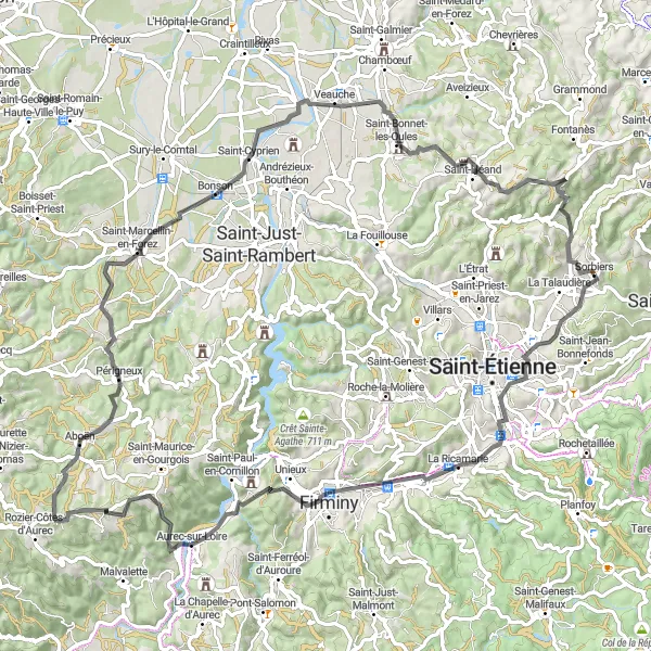 Miniatua del mapa de inspiración ciclista "Vuelta en bicicleta de carretera desde Sorbiers" en Rhône-Alpes, France. Generado por Tarmacs.app planificador de rutas ciclistas