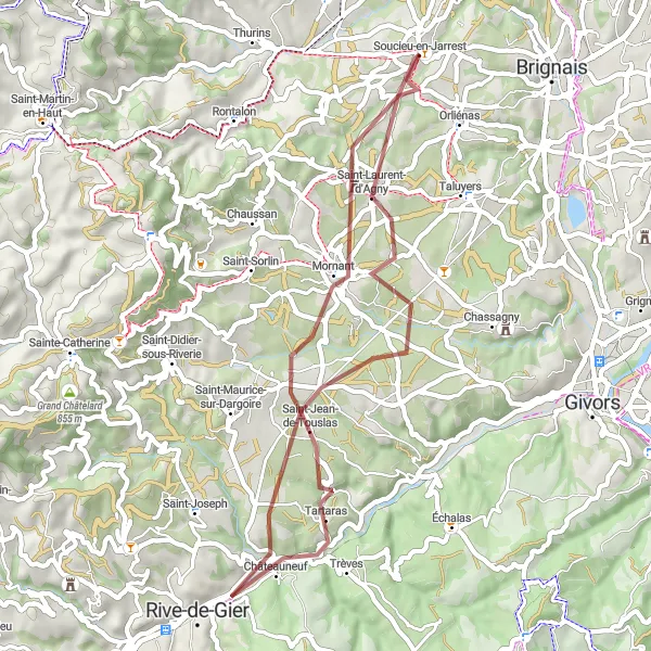 Miniatua del mapa de inspiración ciclista "Aventura de Gravel en Mornant y Saint-Laurent-d'Agny" en Rhône-Alpes, France. Generado por Tarmacs.app planificador de rutas ciclistas