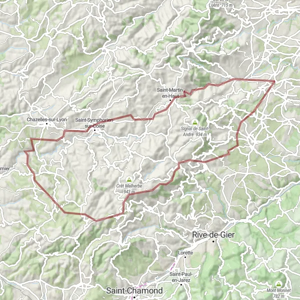 Map miniature of "Mornant to Rochefort Round-Trip" cycling inspiration in Rhône-Alpes, France. Generated by Tarmacs.app cycling route planner