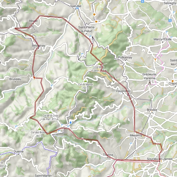 Zemljevid v pomanjšavi "Gorska avantura okoli Soucieu-en-Jarrest" kolesarske inspiracije v Rhône-Alpes, France. Generirano z načrtovalcem kolesarskih poti Tarmacs.app