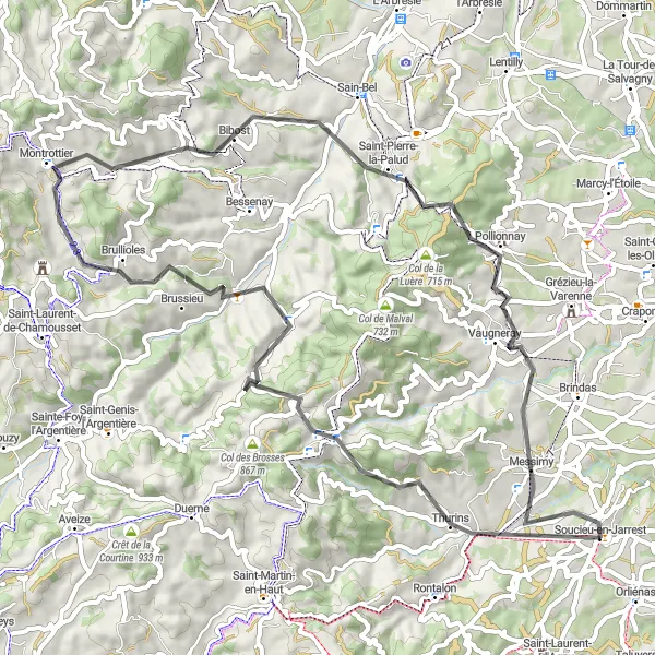 Map miniature of "Scenic Road Cycling with Challenging Climbs near Soucieu-en-Jarrest" cycling inspiration in Rhône-Alpes, France. Generated by Tarmacs.app cycling route planner
