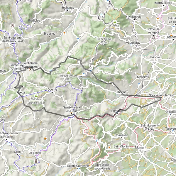 Karten-Miniaturansicht der Radinspiration "Entdeckungstour durch die Monts du Lyonnais" in Rhône-Alpes, France. Erstellt vom Tarmacs.app-Routenplaner für Radtouren