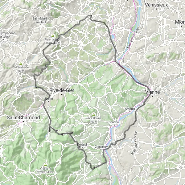 Miniatura mapy "Trasa widokowa od Orliénas przez Vienne do Soucieu-en-Jarrest" - trasy rowerowej w Rhône-Alpes, France. Wygenerowane przez planer tras rowerowych Tarmacs.app
