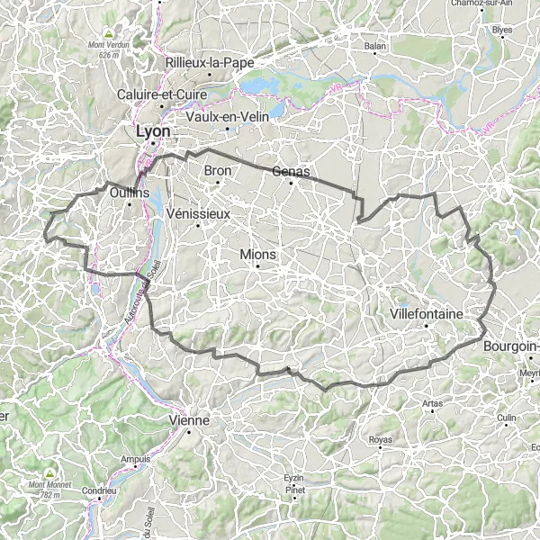 Kartminiatyr av "Chaponost till Brignais Lång Cykeltur" cykelinspiration i Rhône-Alpes, France. Genererad av Tarmacs.app cykelruttplanerare