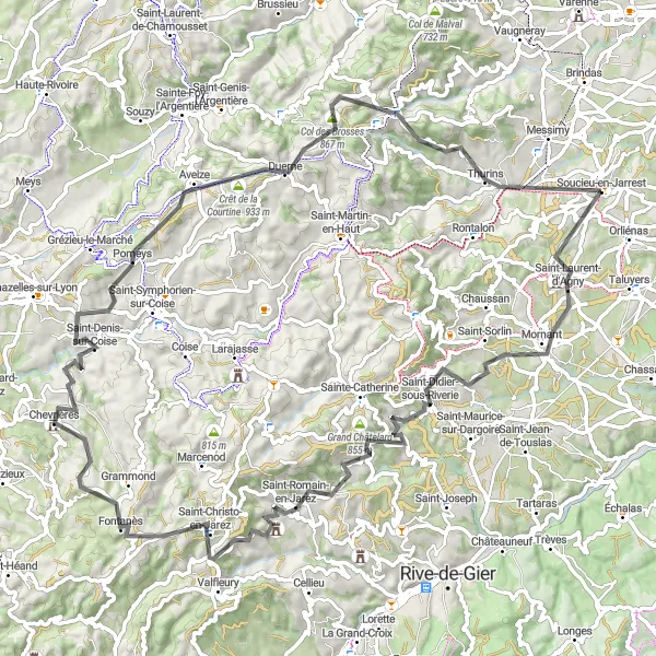 Miniatua del mapa de inspiración ciclista "Ruta de ciclismo de carretera a través de Crêt de Piralougnon y Crêt de la Madonne" en Rhône-Alpes, France. Generado por Tarmacs.app planificador de rutas ciclistas